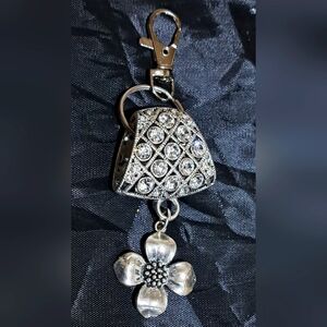 Silver Rhinestone Purse Charm with Flower